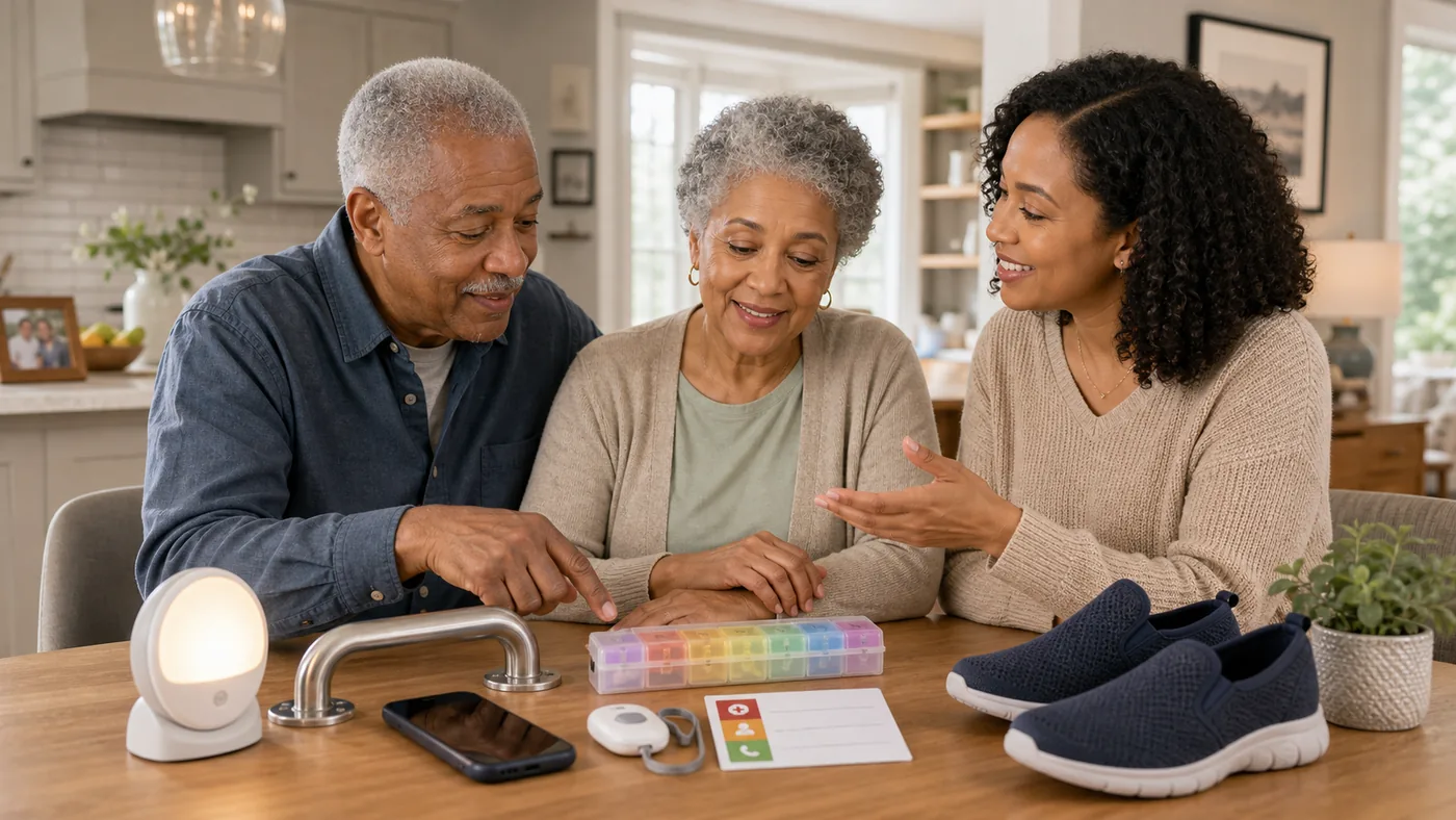 Older American couple and caregiver reviewing aging-in-place products at home