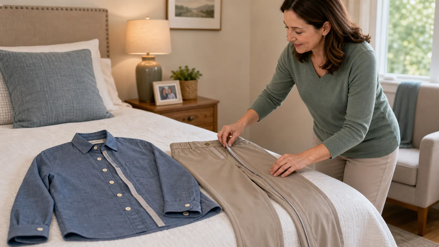 Older American adult and caregiver reviewing adaptive clothing options