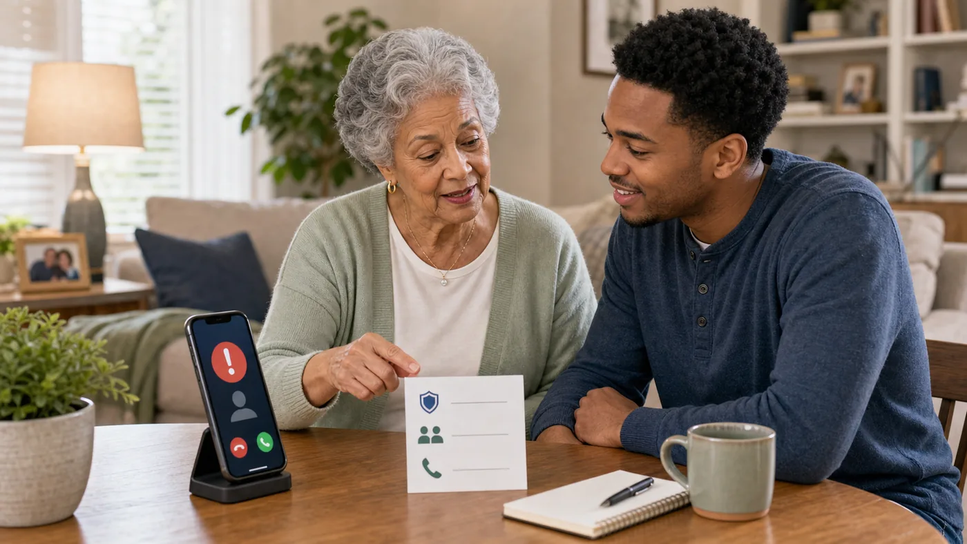 Older American adult and caregiver discussing suspicious phone calls