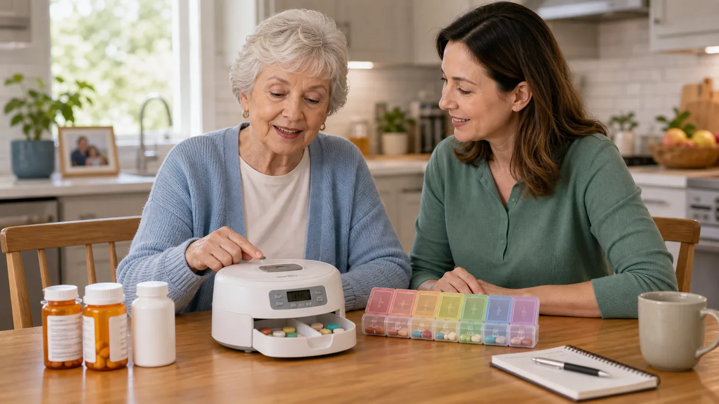 Older American adult and caregiver organizing medication routine at home