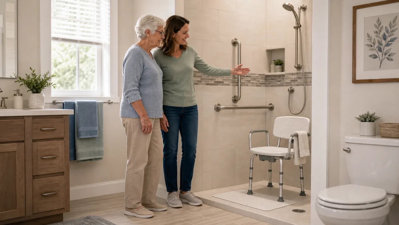 Older American adult and caregiver reviewing bathroom safety products at home