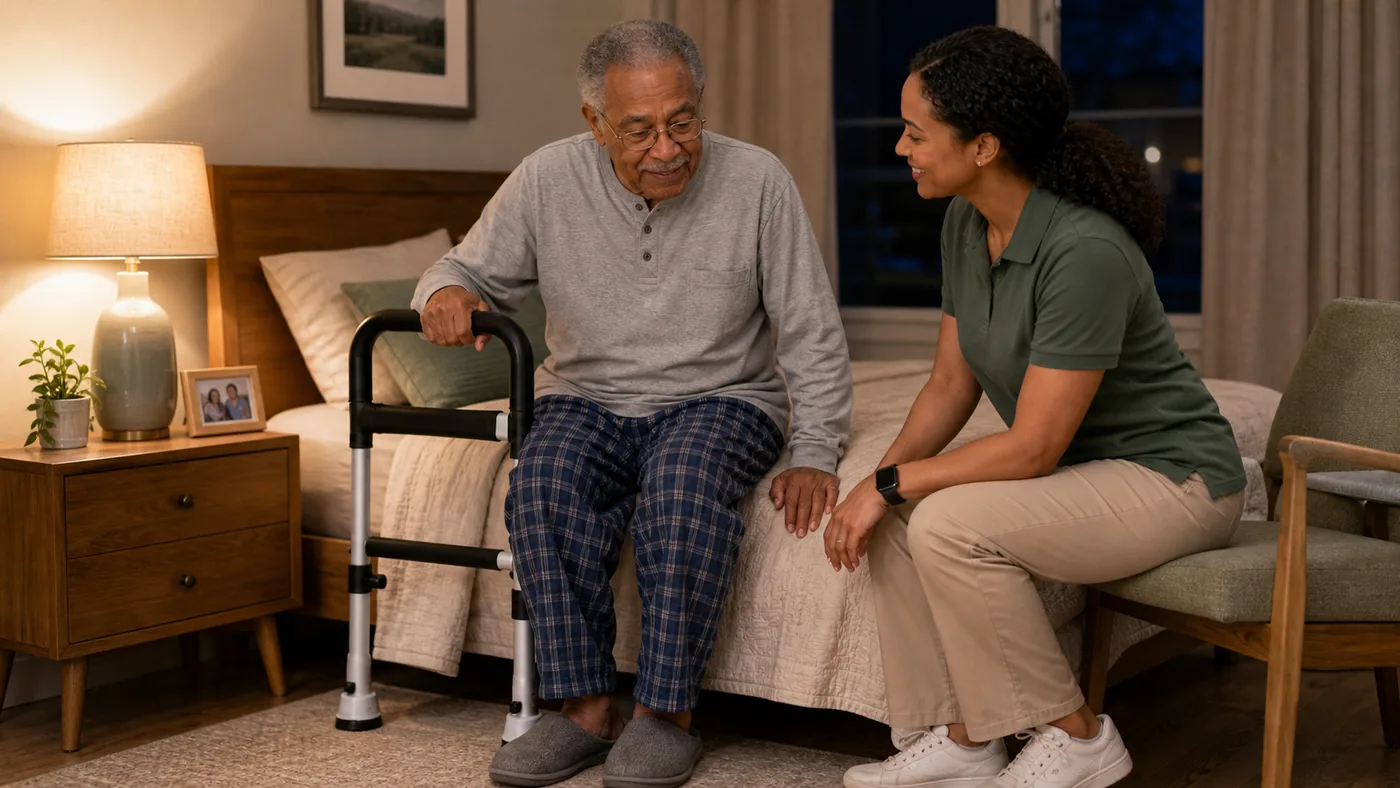 Older American adult and caregiver reviewing bed assist handle placement