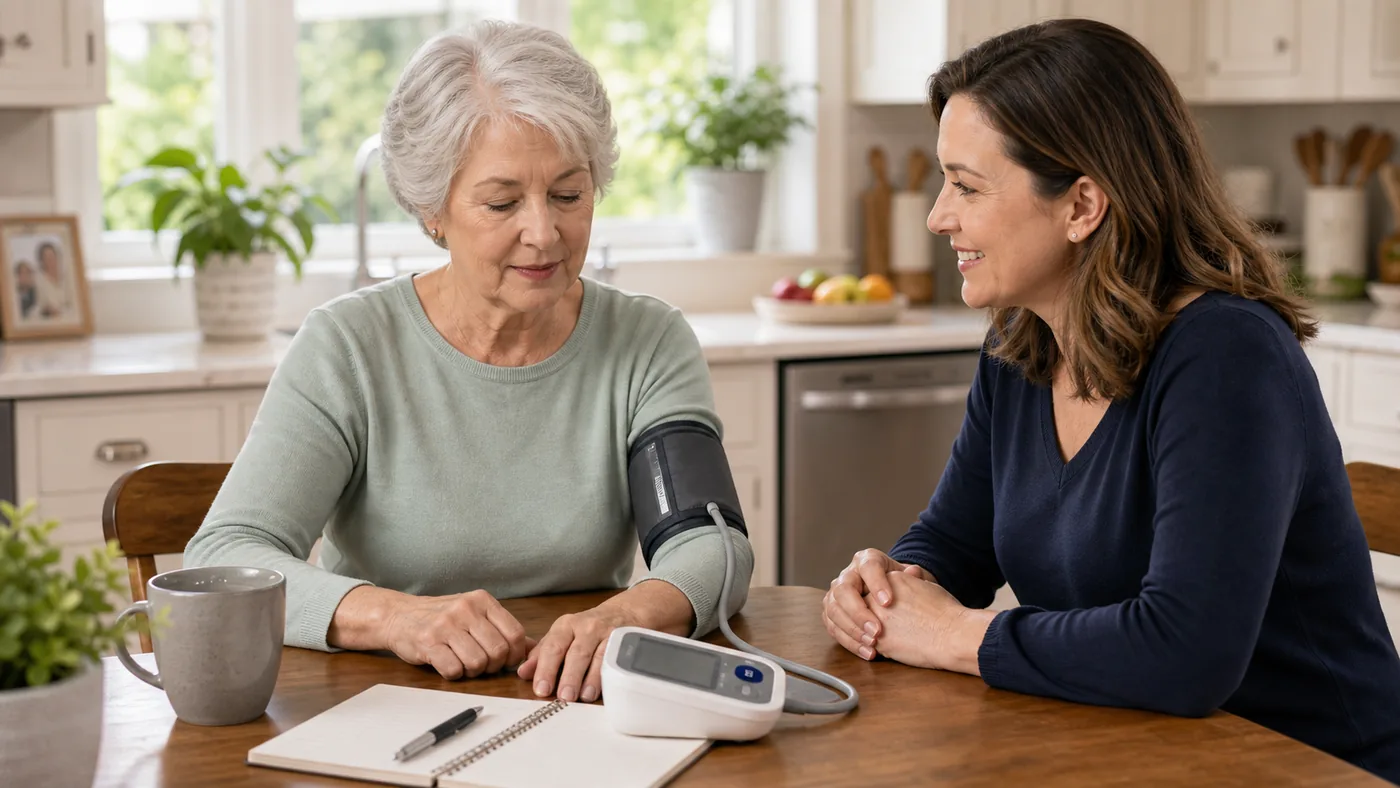 Older American adult checking blood pressure at home with caregiver support