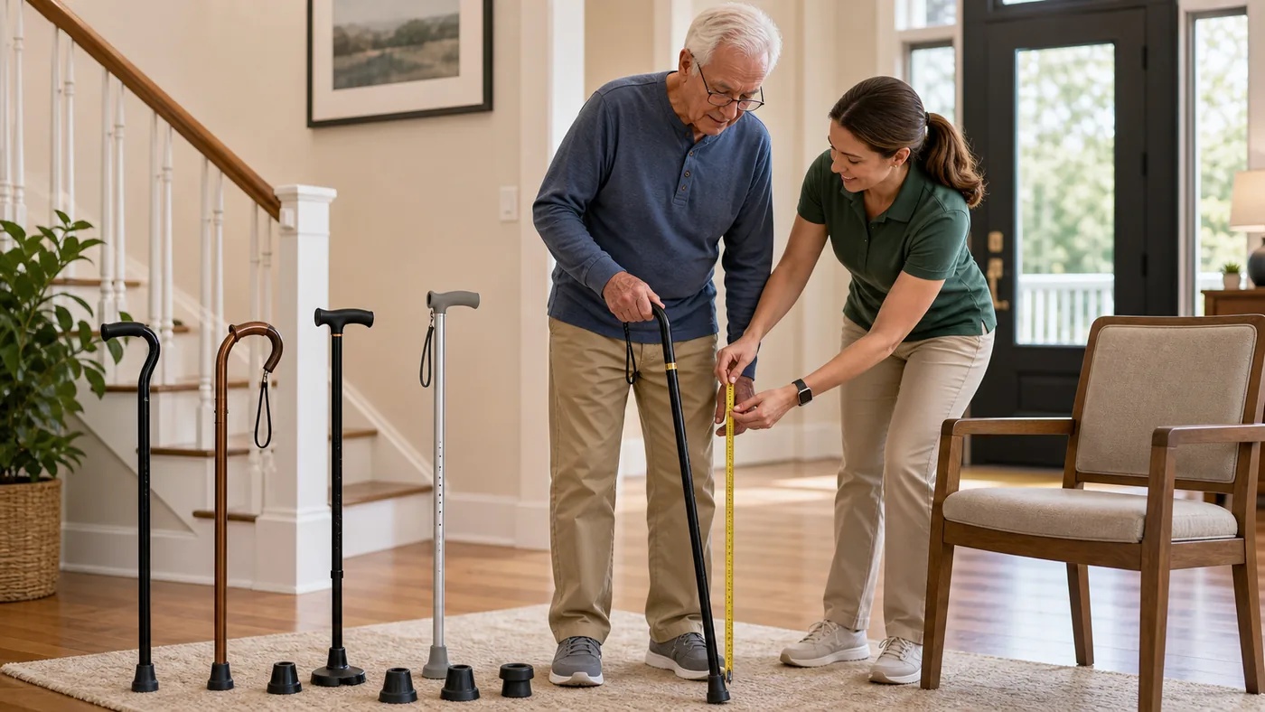 Older American adult comparing cane options with caregiver support