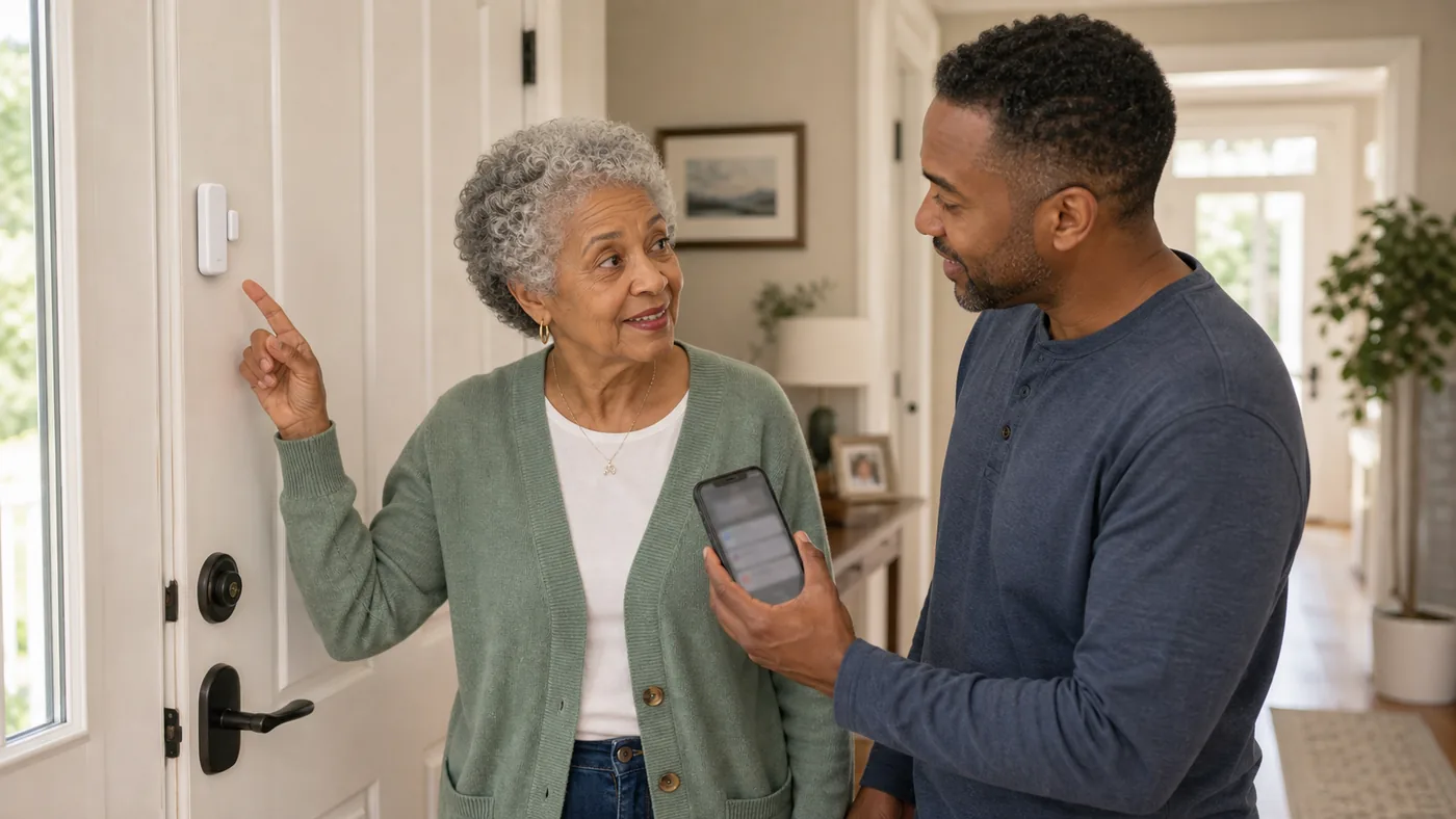 Caregiver checking a door sensor in an American home