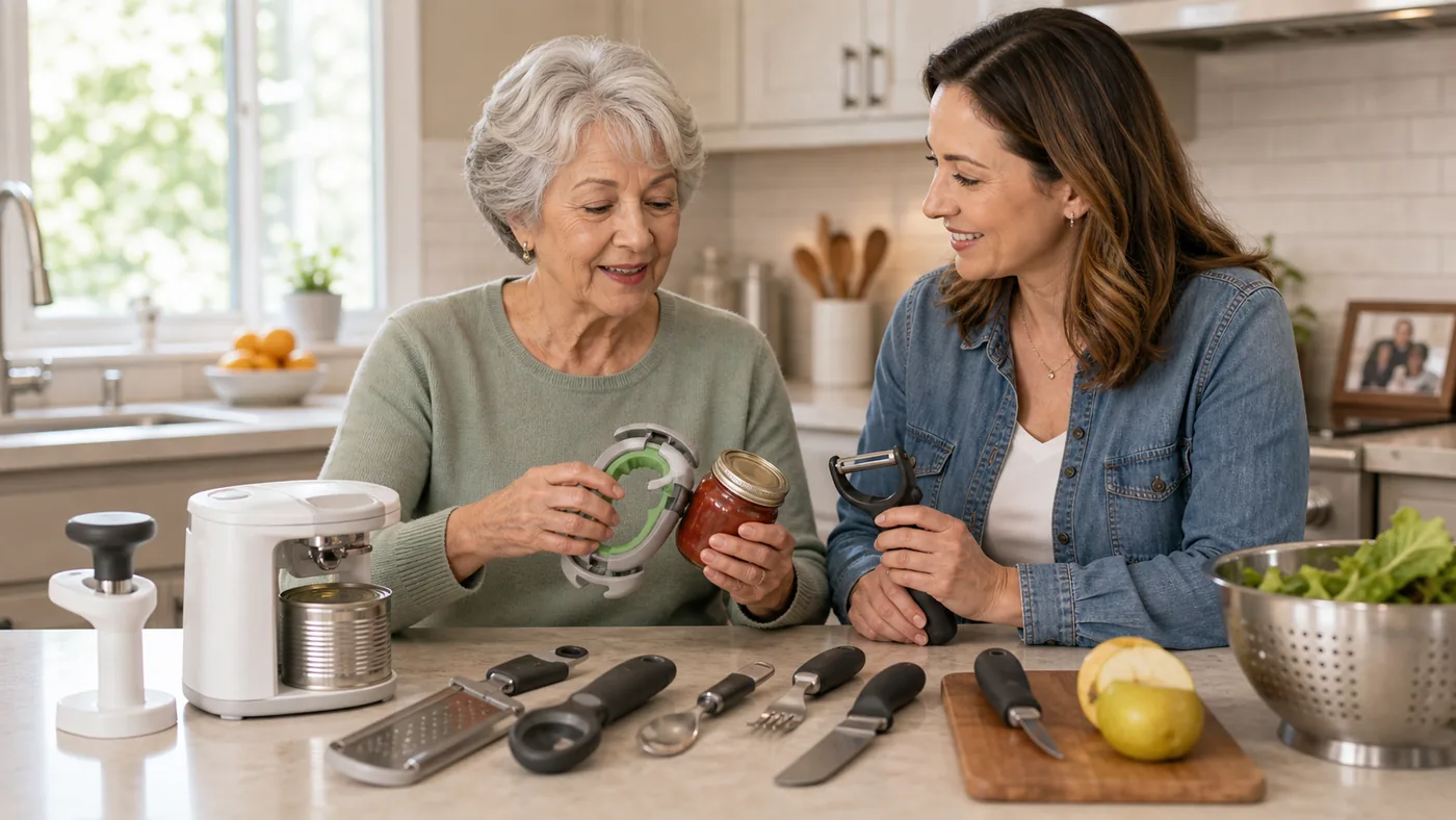 Older American adult using easy-grip kitchen tools at home