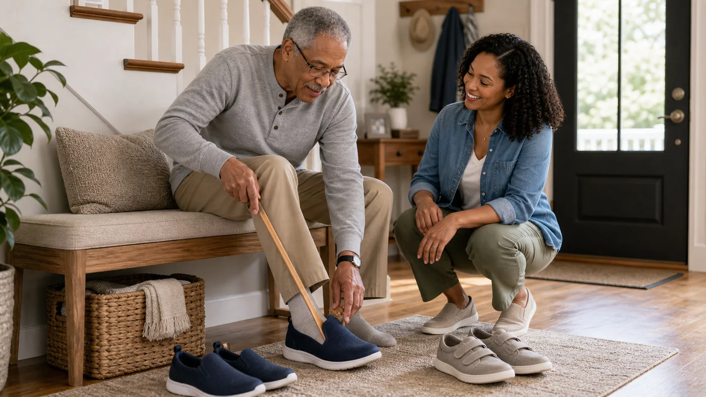 Older American adult trying easy-on shoes at home