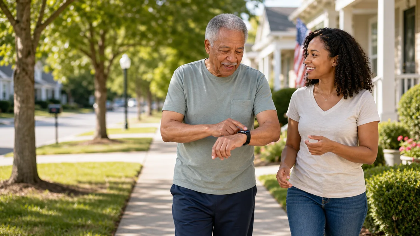 Older American adult wearing a smartwatch with caregiver nearby