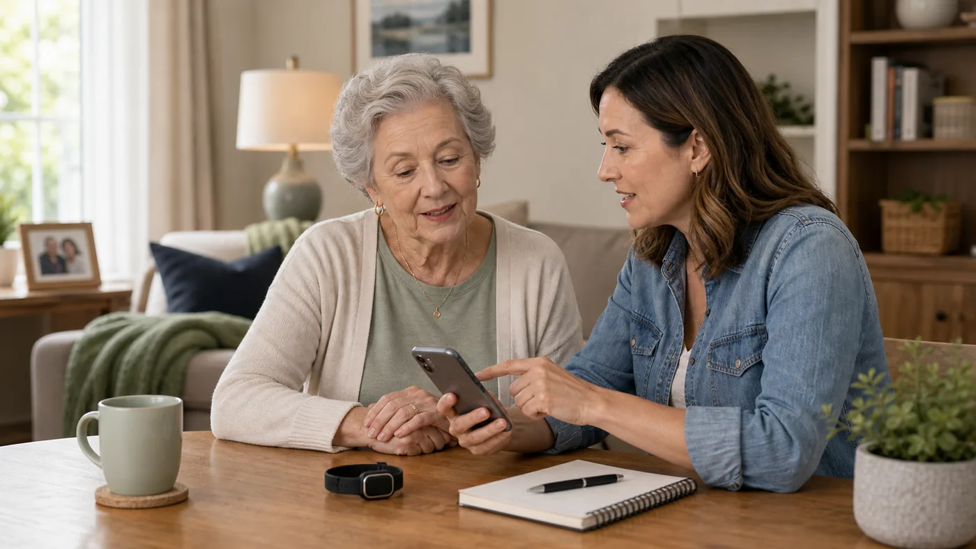 Caregiver and older American adult discussing location safety tools respectfully