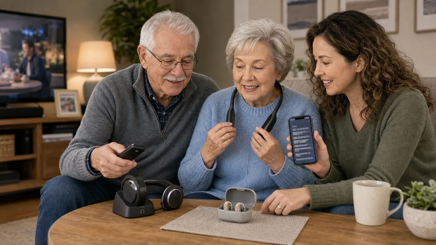 Older American adult using hearing support tools for TV and phone calls
