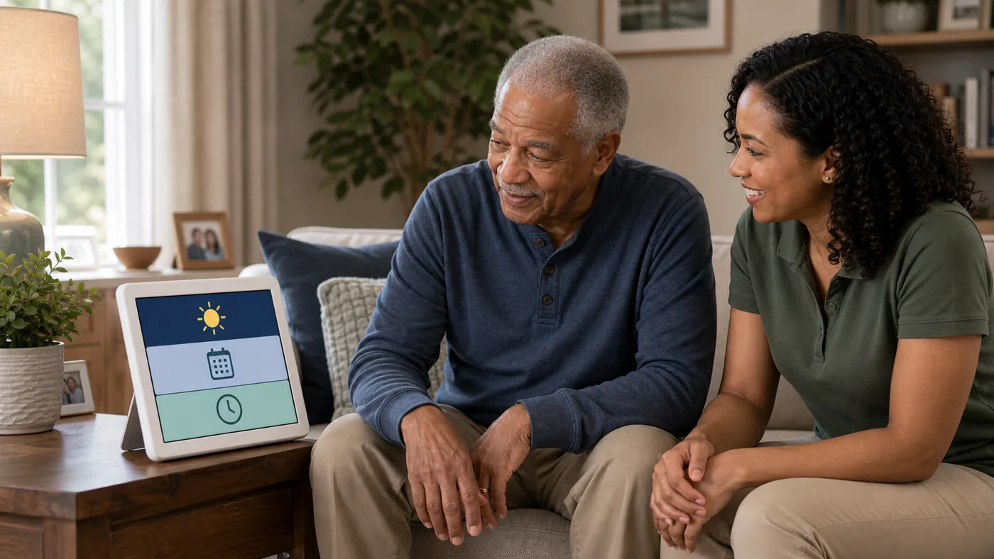 Older American adult using a large display clock for daily orientation