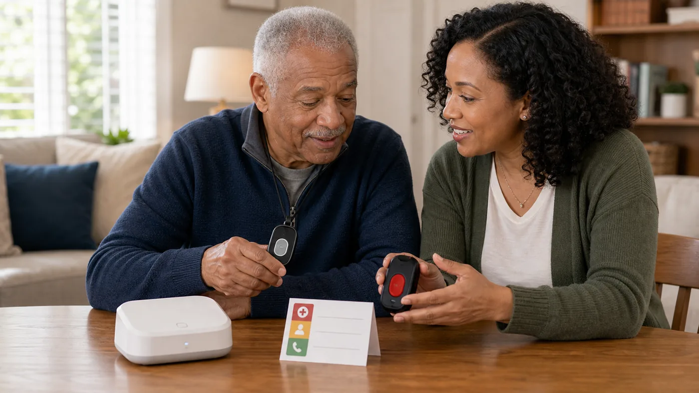 Older American adult and caregiver comparing medical alert options at home