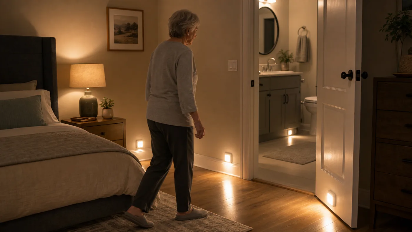 Older American adult walking safely at night with motion path lighting