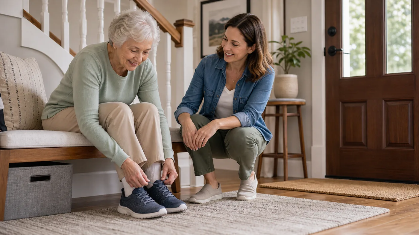 Older American adult comparing non-slip shoes at home