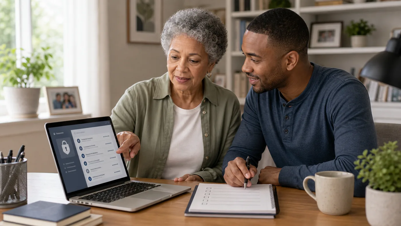 Older American adult and caregiver reviewing account security on a laptop