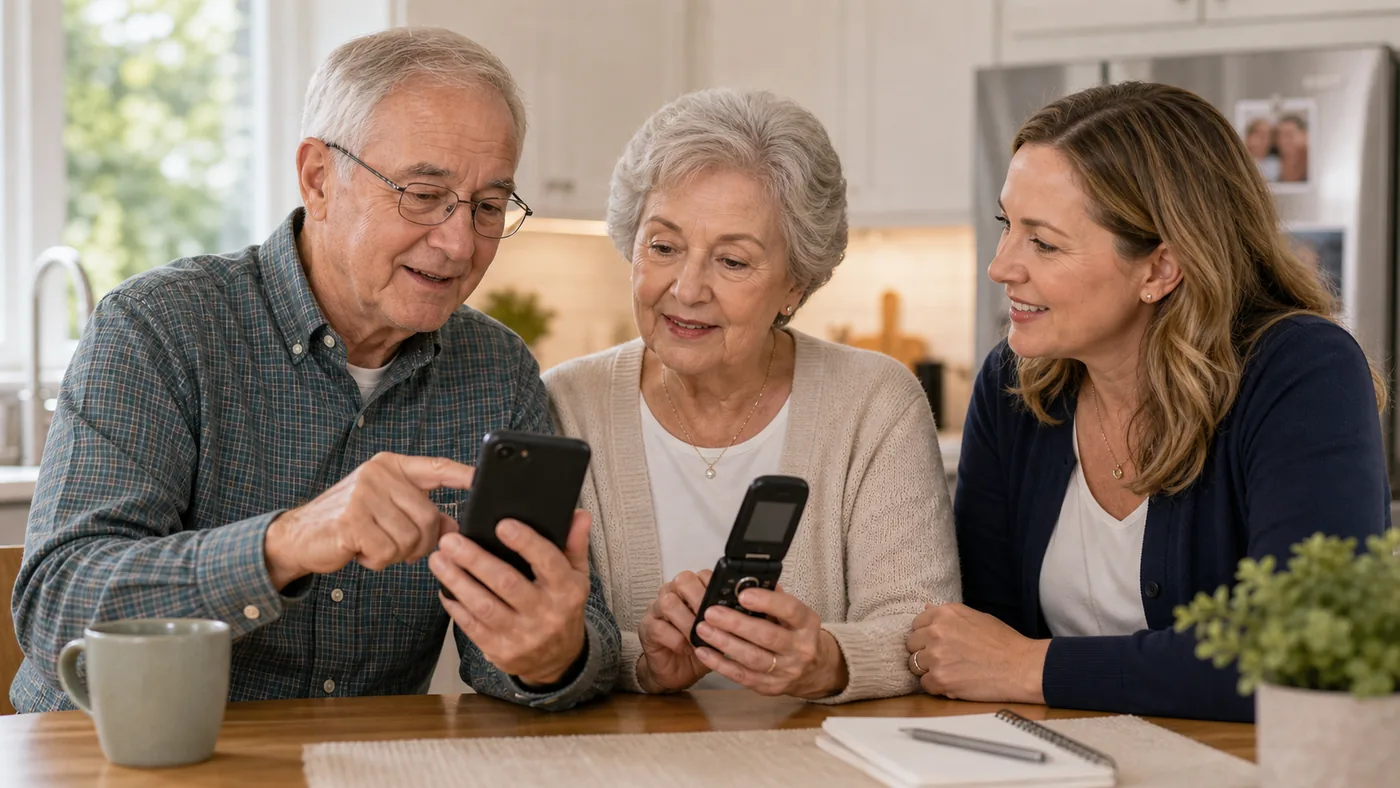 Older American adult and caregiver comparing phone options at a kitchen table