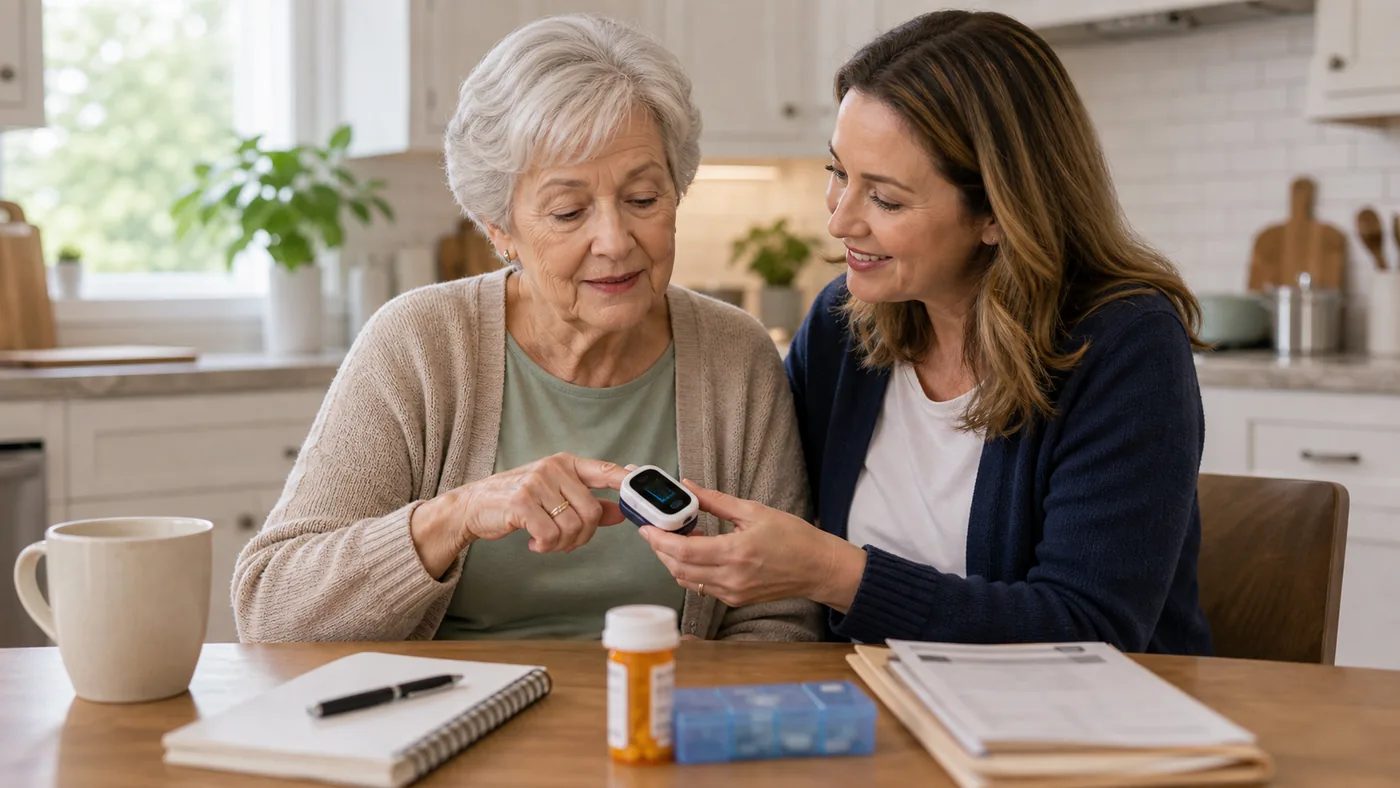 Older American adult using a fingertip pulse oximeter at home