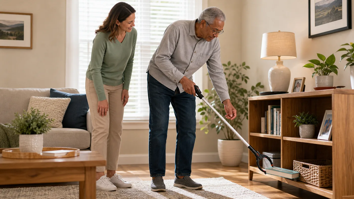 Older American adult using a reacher grabber safely at home