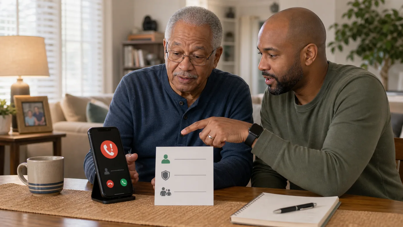 Older American adult and caregiver reviewing scam protection steps on a phone