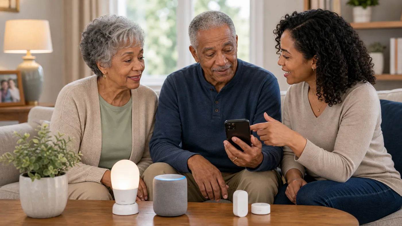 Older American adult using smart home controls with caregiver support