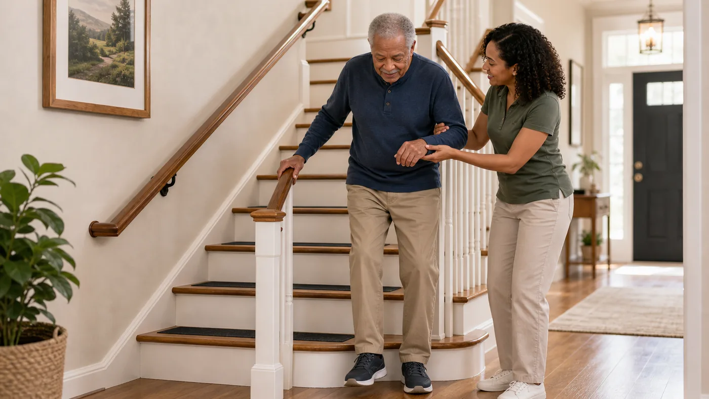 Older American adult and caregiver reviewing stair safety at home