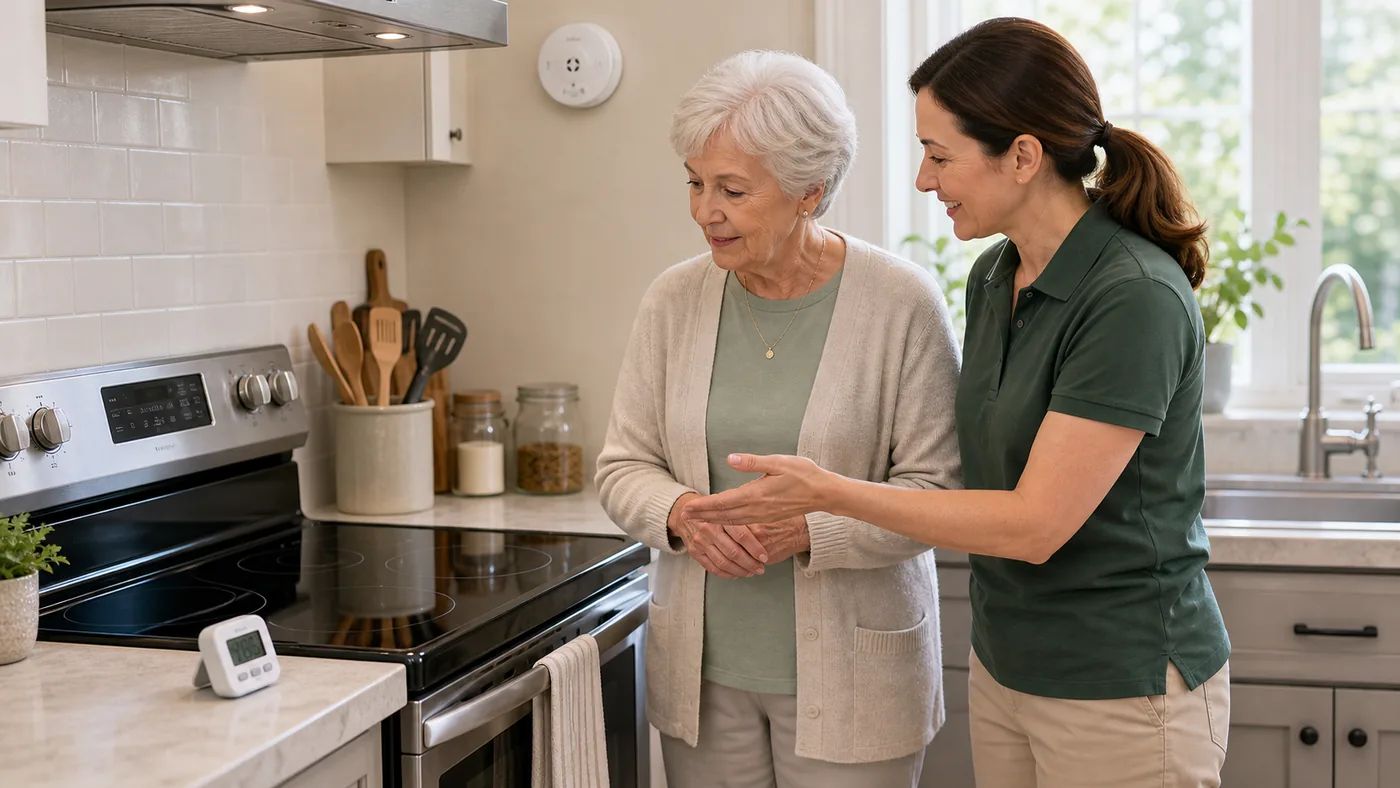 Older American adult and caregiver reviewing stove safety at home
