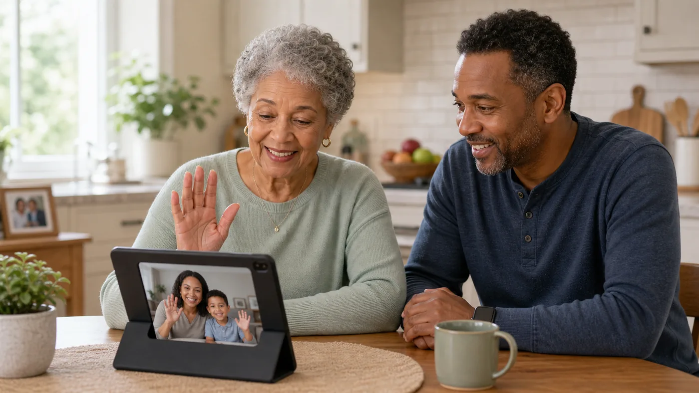 Older American adult using a tablet at home with caregiver support