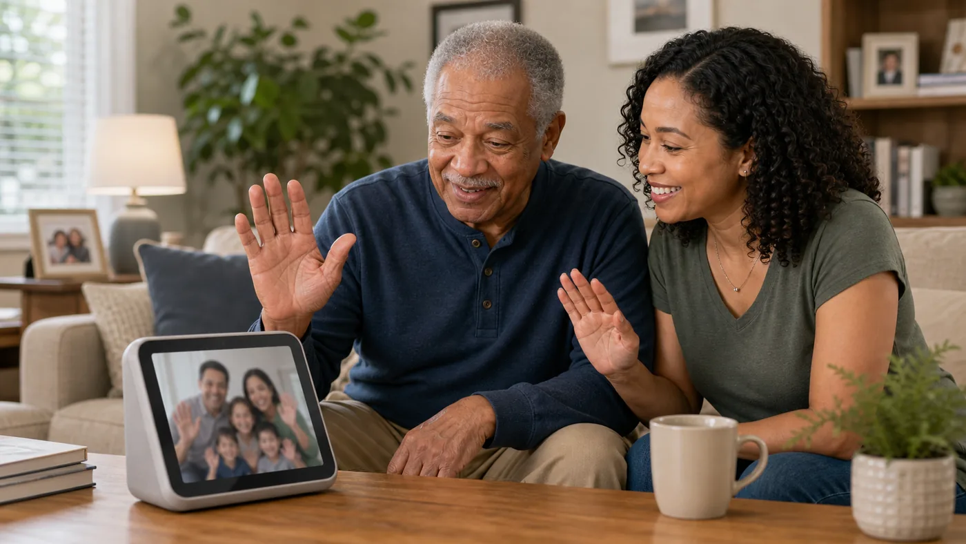 Older American adult on a video call with family