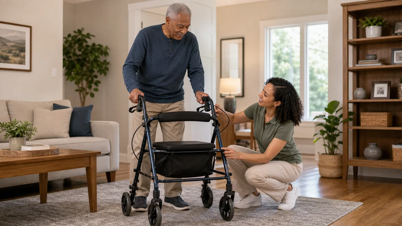 Older American adult testing walker and rollator options with caregiver nearby