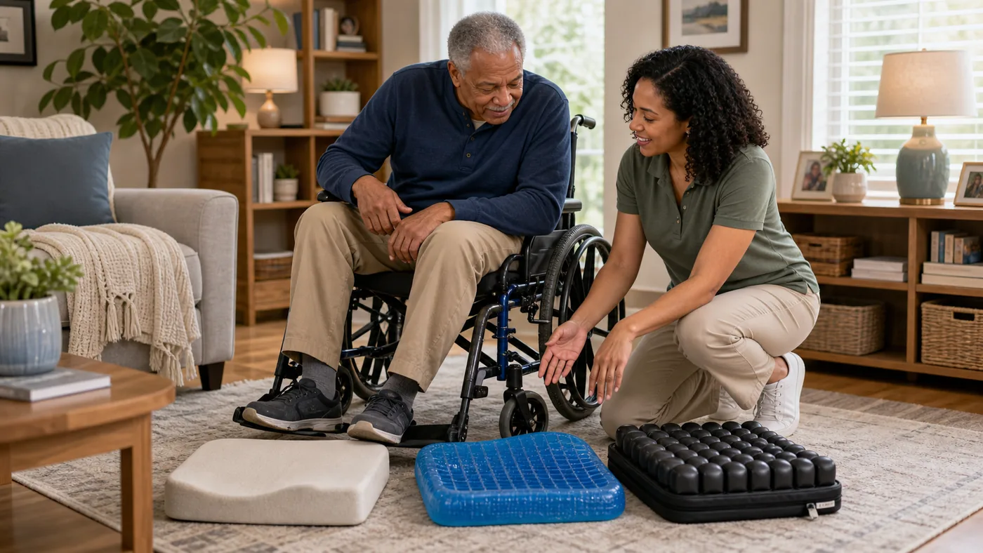 Caregiver comparing wheelchair cushion options for an older adult