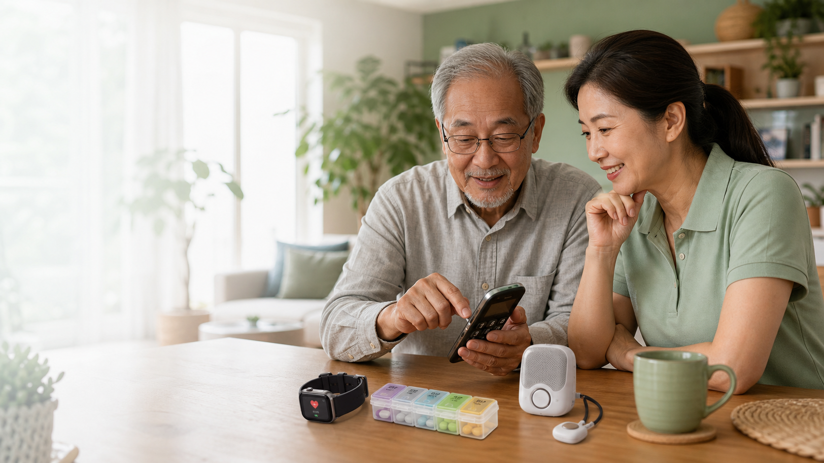 Older adult and family caregiver comparing senior-friendly home products
